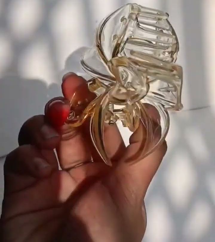 Clear champagne claw clutcher held up in sunlight