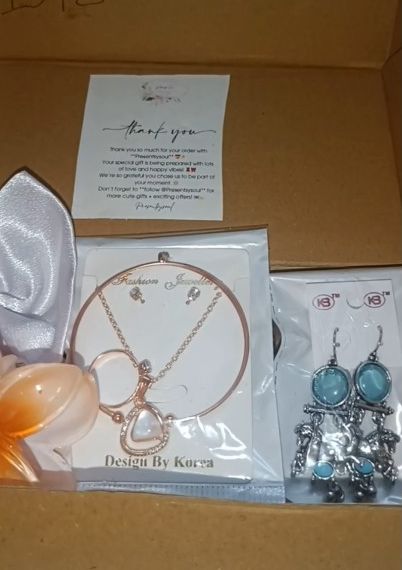 Opened parcel with necklace set and earrings